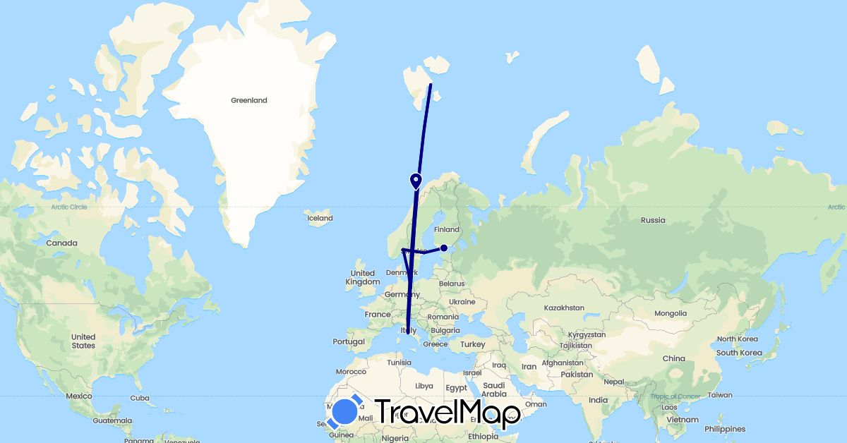 TravelMap itinerary: driving in Germany, Denmark, Finland, Italy, Norway, Sweden (Europe)